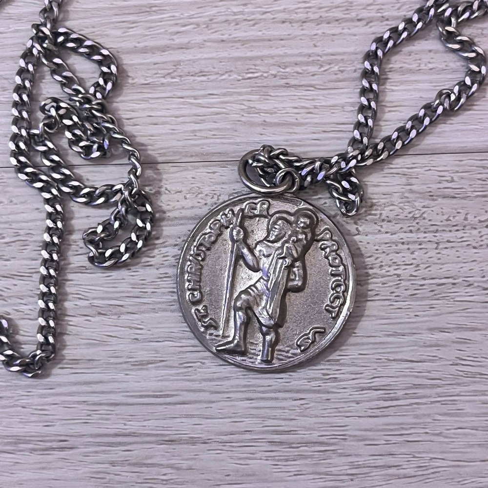 St Christopher Protect Us Pendant pewter